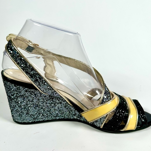 Excellent Condition Miu Miu Vernice Slingbag Gray Sparkle Leather Wedge Sandals - Picture 4 of 10